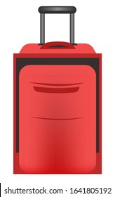 Luggage trolley bag with pull, retractable handle in red color, front view. Baggage, hard case travel suitcase for travelling trips. Colorful isolated graphic vector illustration on white background.