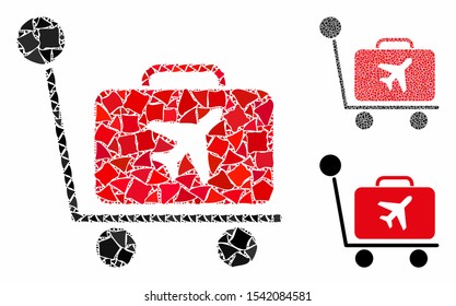 Luggage trolley composition of joggly elements in various sizes and color hues, based on luggage trolley icon. Vector unequal elements are united into collage.