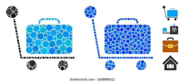 Luggage trolley composition of small circles in various sizes and color tinges, based on luggage trolley icon. Vector small circles are combined into blue composition.