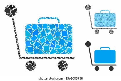 Luggage trolley composition of unequal elements in different sizes and color tinges, based on luggage trolley icon. Vector rugged elements are composed into composition.
