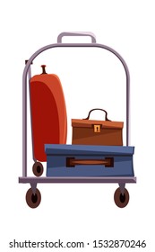 Luggage trolley flat vector illustration. Hotel baggage cart isolated clipart on white background. Suitcase, briefcase, valise transportation on carrier. Taxi services. Carrying baggage in airport