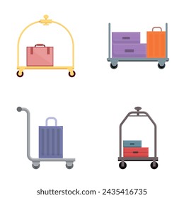 Luggage trolley icons set cartoon vector. Various travel suitcase on cart. Travel baggage