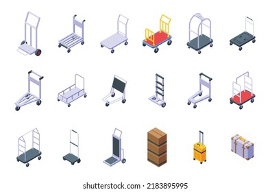 Luggage Trolley Icons Set Isometric Vector. Business Bag. Carriage Suitcase