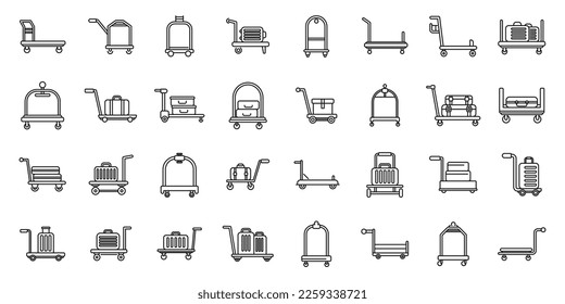 Luggage trolley icons set outline vector. Business bag. Carriage suitcase