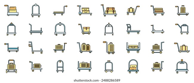 Luggage trolley icons set outline vector. Business bag. Carriage suitcase thin line color flat on white