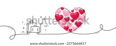 Luggage trolley line icon. Continuous line big heart. Suitcase bag sign. Baggage claim symbol. 3d hearts in heart shaped loop. Luggage trolley single line ribbon. Loop curve pattern. Vector