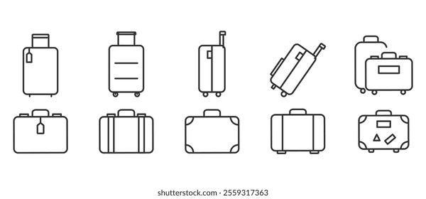 Luggage trolley line icon set, travel suitcase symbol. Suitcase icon set. Valise, baggage, luggage icon. Luggage suitcase, travel bag icons. Trip baggage sign vector icons illustration in transparent.