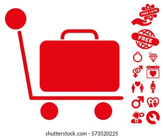 Luggage Trolley pictograph with bonus lovely icon set. Vector illustration style is flat iconic red symbols on white background.