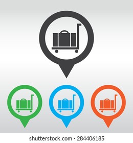 Luggage trolley vector icon, icon map pin.