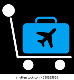 Luggage Trolley vector icon. Style is flat bicolor blue and white symbol, rounded angles, black background.