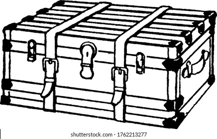 Luggage Trunk is a container used to hold clothes and other personal belongings, also known as a travel trunk, vintage line drawing or engraving illustration.