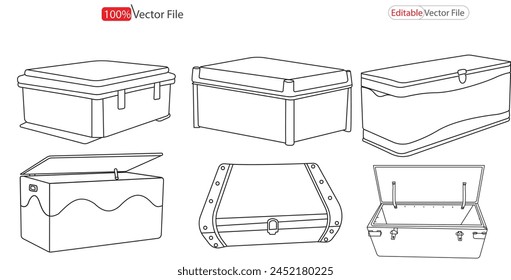 Maletero Maletero Ilustración vectorial de stock y EPS Libre de regalías. Silueta de la caja del maletero contorno colección de diseño .  Ilustración técnica de accesorios de moda. Vector mochila delantera. silueta de la caja del maletero