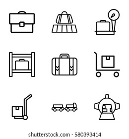 luggage vector icons. Set of 9 luggage outline icons such as lugagge weight, cargo on cart