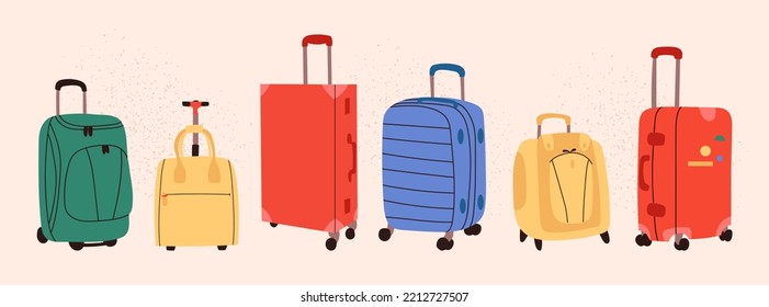 Luggage vector set in doodle style. Isolated plastic and fabric travel bags hand drawn illustration for tourism
