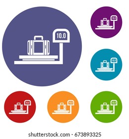 Luggage weighing icons set in flat circle reb, blue and green color for web