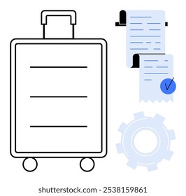 Luggage with wheels next to documents and a checkmark symbol. Ideal for travel planning, organizational tools, business trips, packing tips, and efficiency. Simplistic and modern style