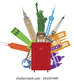 Luggage for World Travel with Country of Places from Europe Asia United States Color Vector Illustration
