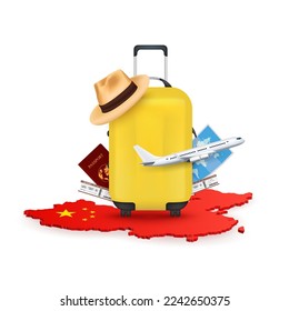 Luggage yellow, Air ticket and passport with airplane is taking on map China red isolated on white background. For advertising design. Travel transport concept. 3D vector EPS10 illustration. 