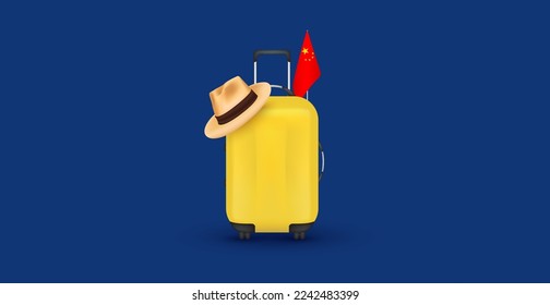luggage yellow, brown hat and China flag red on blue background. For banner making ad media about tourism. Opening country and accepting tourists concept and travel transport. 3D Vector EPS10.