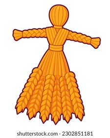 Lughnasadh Corn dolly, handgemachte Strohpuppe zum Feiern von Lammas, traditionelles Erntefestival. Cartoon-Zeichnung, Vektorclip-Kunstgrafik.