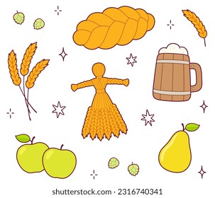 Lughnasadh (Lammas) traditionelle Erntefestival Fest doodle Set. Brot, Bier, Obst, Weizenmais Dolly. Cute Cartoon Zeichnung, Vektorclip Art Illustration.