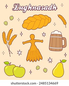 Lughnasadh (Lammas) traditionelles Erntefest Doodle-Set. Brot, Bier, Obst, Weizenmais-Dolly. Nette Cartoon-Zeichnung, Vektorgrafik Clip Kunst-Illustration.