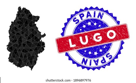 Lugo Province map polygonal mesh with filled triangles, and rough bicolor stamp seal. Triangle mosaic Lugo Province map with mesh vector model, triangles have randomized sizes, and positions,