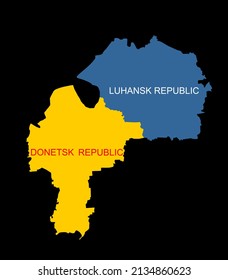 Luhansk and Donetsk peoples Republic map vector silhouette illustration isolated on black. Donbass region map, Donbas map. Self proclaimed republic Part of Eastern Ukraine territory. DPR an LPR state.