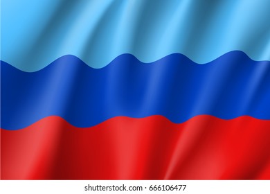 Luhansk People's Republic flag, landlocked self-proclaimed state in eastern Ukraine, blue, navy and red tricolor, state emblem. Vector realistic style illustration