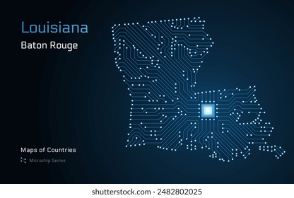 Luisiana Map with a capital of Baton Rouge Shown in a Microchip Pattern. Silicon valley, E-government. United States vector maps. Microchip Series	