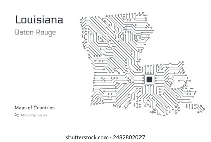 Luisiana Map with a capital of Baton Rouge Shown in a Microchip Pattern. Silicon valley, E-government. United States vector maps. Microchip Series	