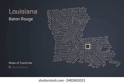 Luisiana Map with a capital of Baton Rouge Shown in a Microchip Pattern. Silicon valley, E-government. United States vector maps. Microchip Series	