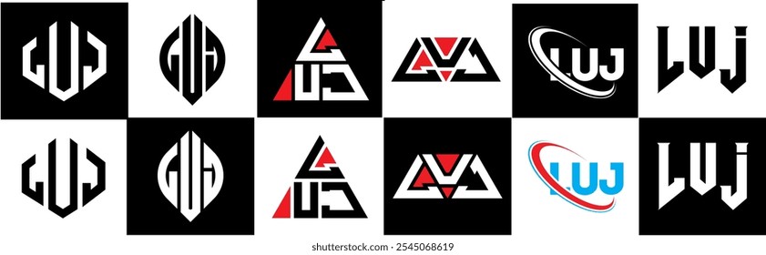 Diseño del logotipo de la letra de LUJ en seis estilos. LUJ polígono, círculo, triángulo, hexágono, estilo plano y simple con logo de letra de variación de color blanco y negro en una mesa de trabajo. Logotipo minimalista y clásico de LUJ