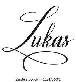 Lukas. Calligraphic spelling of the name for greeting or invitation cards, business cards. Black isolated script. Vector. 