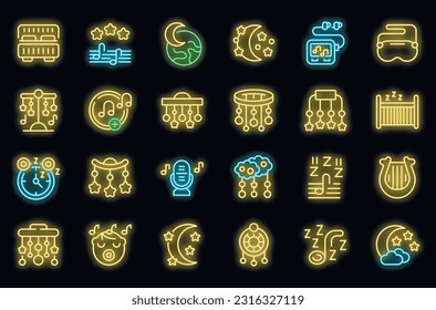 Lullaby icons set outline vector. Moon crescent. Baby sleep neon color on black