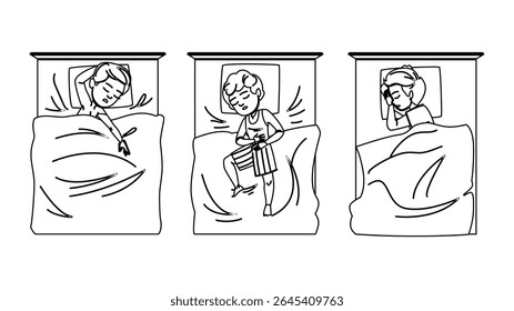 lullaby kid boy sleeping vector. dream nightlight, snuggle pillow, yawn slumber lullaby kid boy sleeping character. people black line pencil drawing illustration