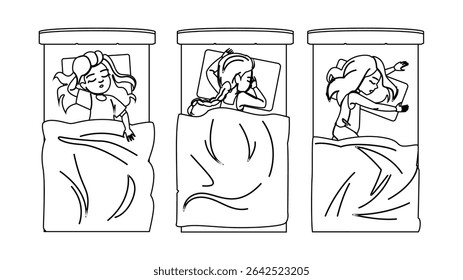 lullaby kid girl sleeping vector. dreams nightlight, slumber blanket, pillow snooze lullaby kid girl sleeping character. people black line pencil drawing illustration