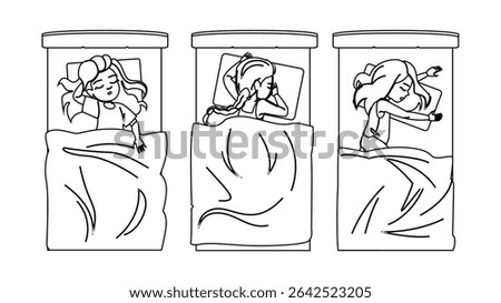 lullaby kid girl sleeping vector. dreams nightlight, slumber blanket, pillow snooze lullaby kid girl sleeping character. people black line pencil drawing illustration
