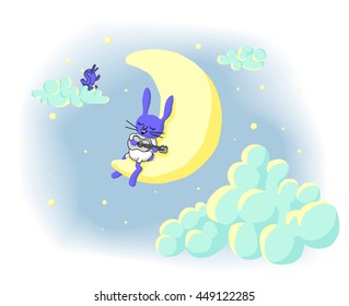 Lullaby. A rabbit is sitting on the moon playing the guitar and sings a song together with a bird sitting on a cloud beside him.