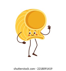 Lumaconi giganti, lumache snail shell pasta cartoon character. Vector Italian cuisine food, cute macaroni personage emoji emoticon