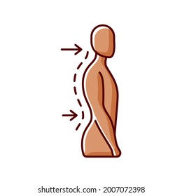 Lumbar lordosis RGB color icon. Excessive inward spine curve. Saddleback appearance. Difficulty with coordination. Exaggerated posture. Abnormal development. Isolated vector illustration