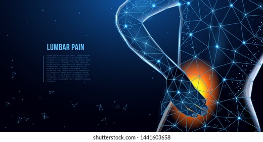 Lumbar pain in a woman back pain. Сoncept of the disease back, violation of waist, lumbar vertebrae and intervertebral discs. Tired man with severe lumbar pain. Low poly concept. Vector illustration