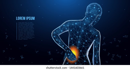 Lumbar pain in a woman back pain. Сoncept of the disease back, violation of waist, lumbar vertebrae and intervertebral discs. Tired man with severe lumbar pain. Low poly concept. Vector illustration