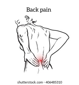 Lumbar pain in a woman back pain in a human vector outline sketch, black and white illustration with the concept of the disease back, violation of waist, lumbar vertebrae and intervertebral discs