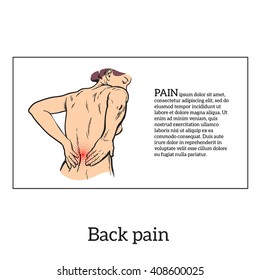 Lumbar pain in a woman back pain in a human vector outline sketch, black and white illustration with the concept of the disease back, violation of waist, lumbar vertebrae and intervertebral discs