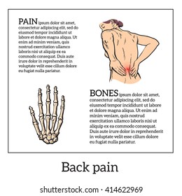 Lumbar pain in a woman back pain in a human vector outline sketch, black and white illustration with the concept of the disease back, violation of waist, lumbar vertebrae and intervertebral discs pain