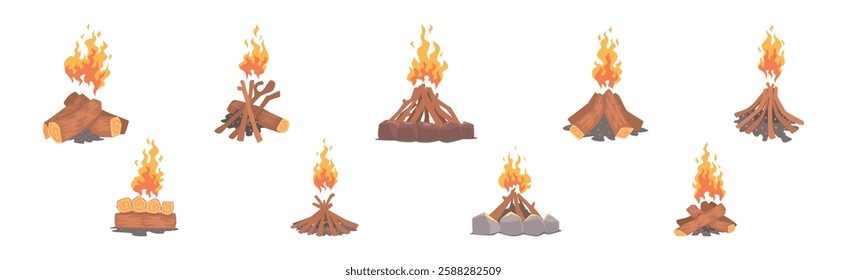 Lumber with Burning Fire Flame as Campfire or Bonfire Vector Set