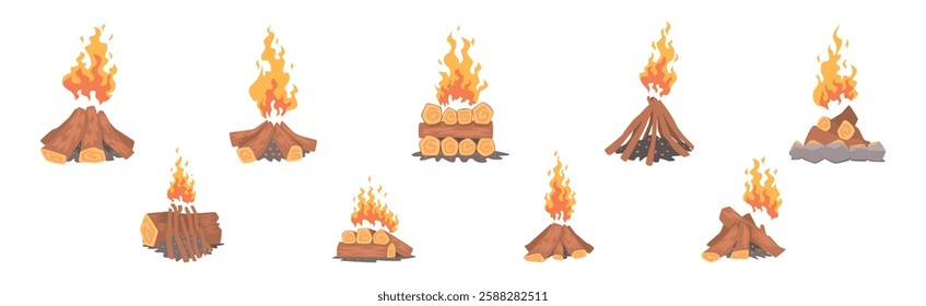 Lumber with Burning Fire Flame as Campfire or Bonfire Vector Set