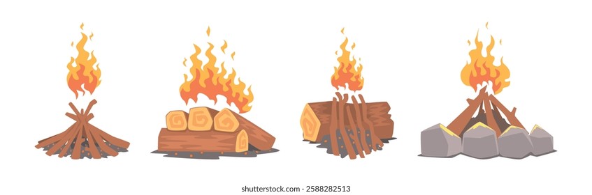 Lumber with Burning Fire Flame as Campfire or Bonfire Vector Set