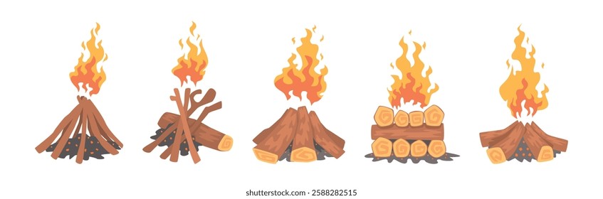 Lumber with Burning Fire Flame as Campfire or Bonfire Vector Set